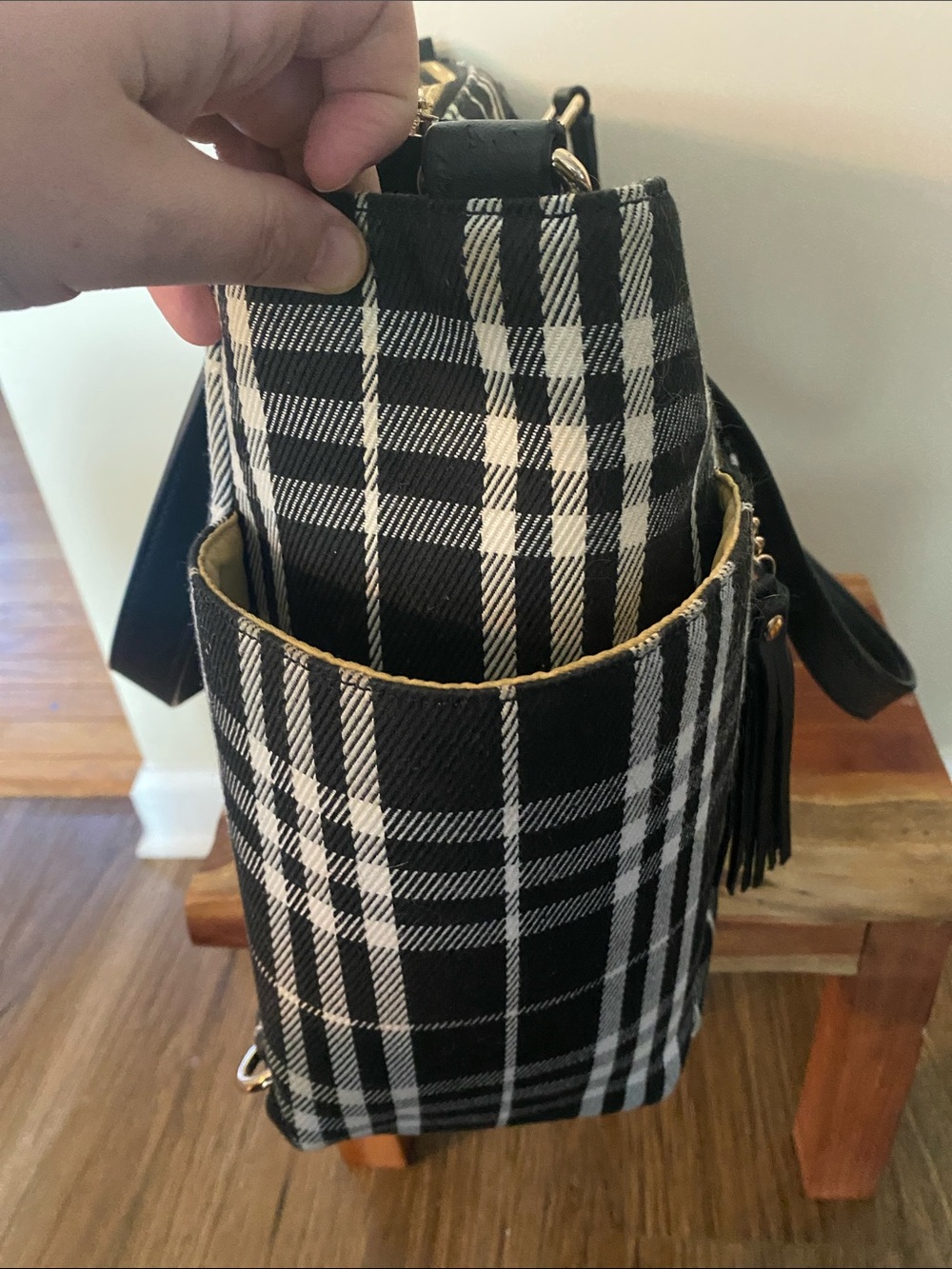 White Elm Gemini convertible backpack tote black and white tartan plaid. Travel - Picture 3 of 9